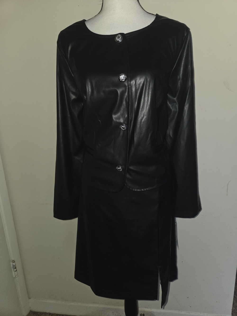 Black Faux Leather Women’s Skirt - Classic Button Front